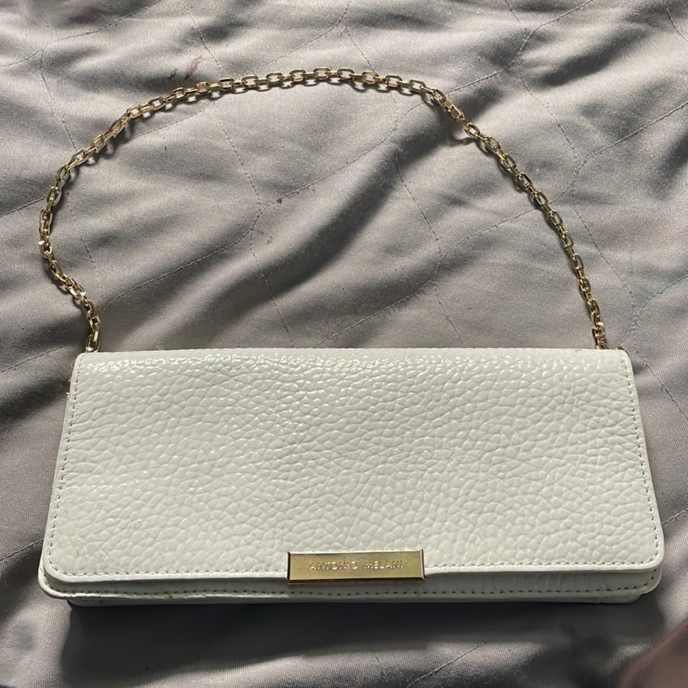 Antonio Melani handbag white leather and gold chain.